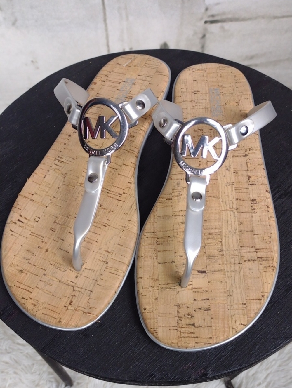 Michael Kors Silver MK Logo Cork Footbed Thong Sandals Size 9